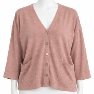Barefoot Dreams CozyChic Cardigan Dusty Rose Pink Button 3/4 Sleeve Pockets S